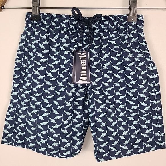 NWT NEW Vilebrequin Boys Swim Trunks Shark Print Bleu Marine Sz 10 Retail $160 - Picture 1 of 6